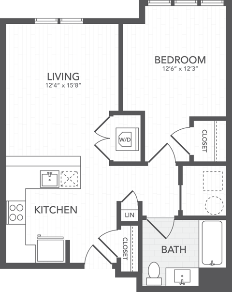 Floor plan for 1 bed, 1 bath, 750 sqft